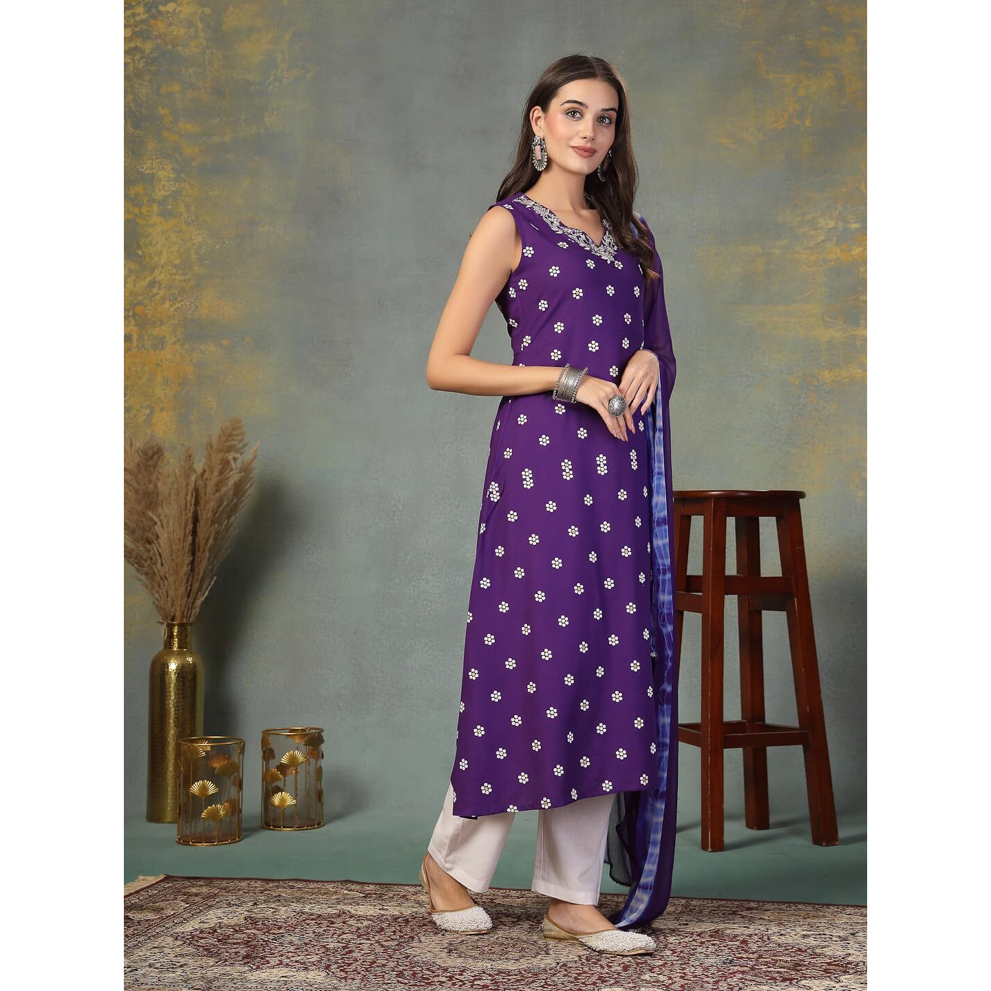 Stylum Women's Floral Printed & Embroidered Rayon A-Line Kurta Dupatta Set (Kdvoilrasna44_Violet, Xxl)