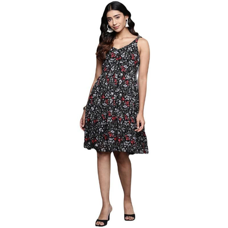 Varanga Women Black Floral Printed V-Neck Tiered Dress With Flared Hem