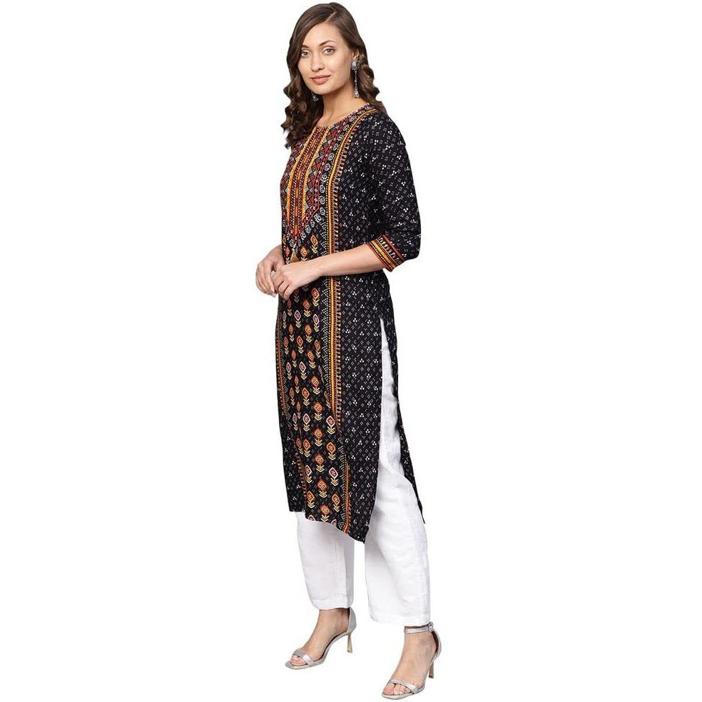 Anubhutee Women's Rayon Black Sequinned Geometric Printed Straight Kurta