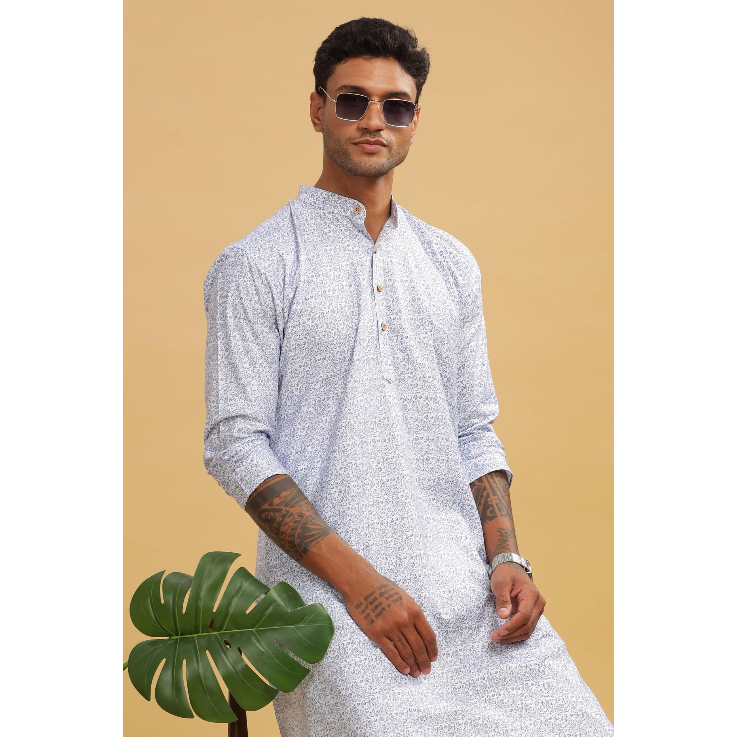 Be Active Men's Printed Blue Kurta Set || Men Kurta Pajama || Men Kurta Pajama Set || Kurta Pajama For Men (C-Rf0048 Set 2 Xl)