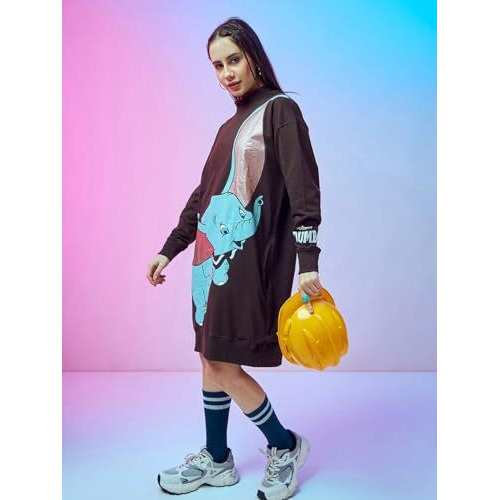 Bewakoof Heavy Duty 1.0 Official Disney Merchandise Women's Graphic Print Oversized Fit Dress_614100_Brown_Xl