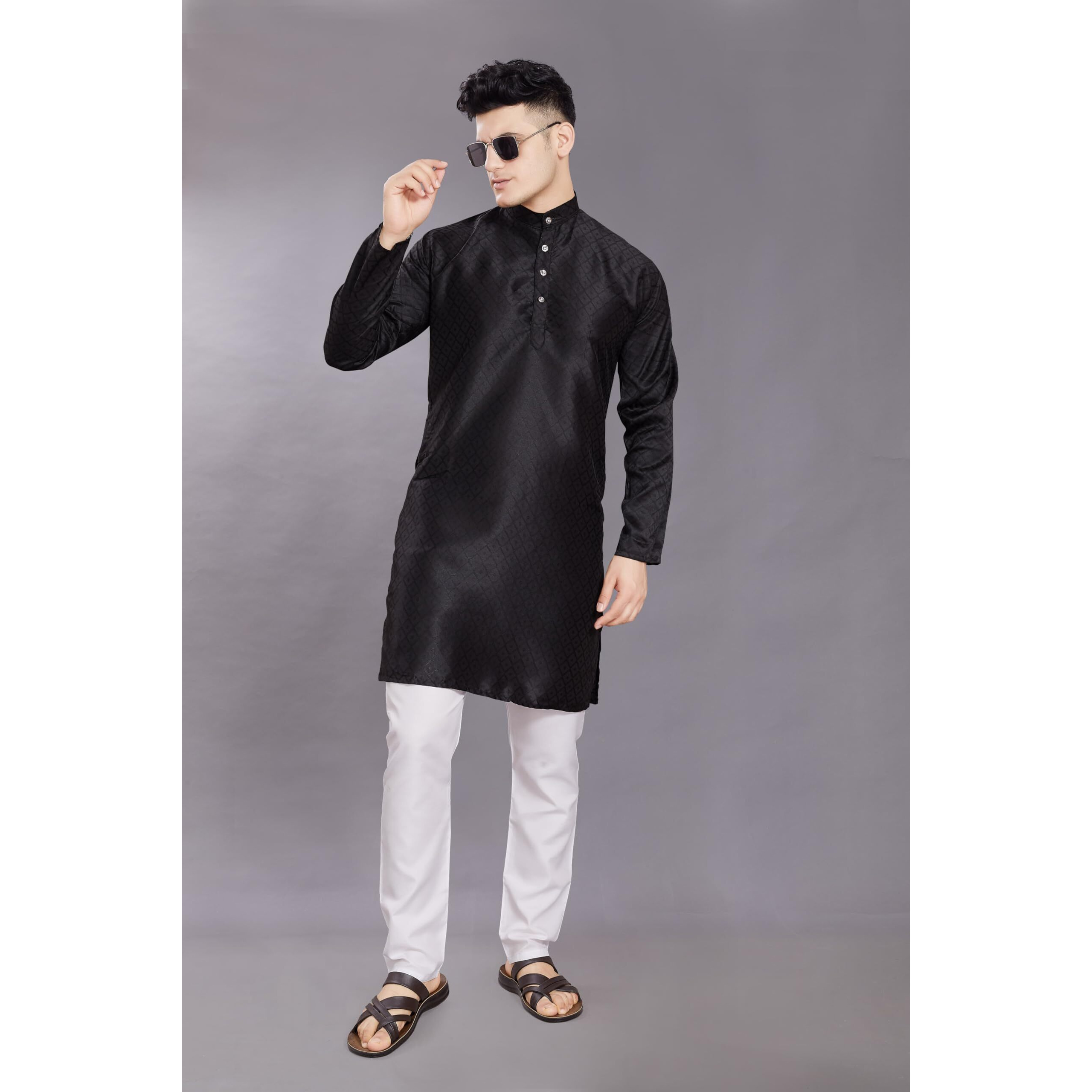 Divisive Men's Self Woven Jequard Art Silk Slim Fit Only Kurta (Dkrt409_M_Black)