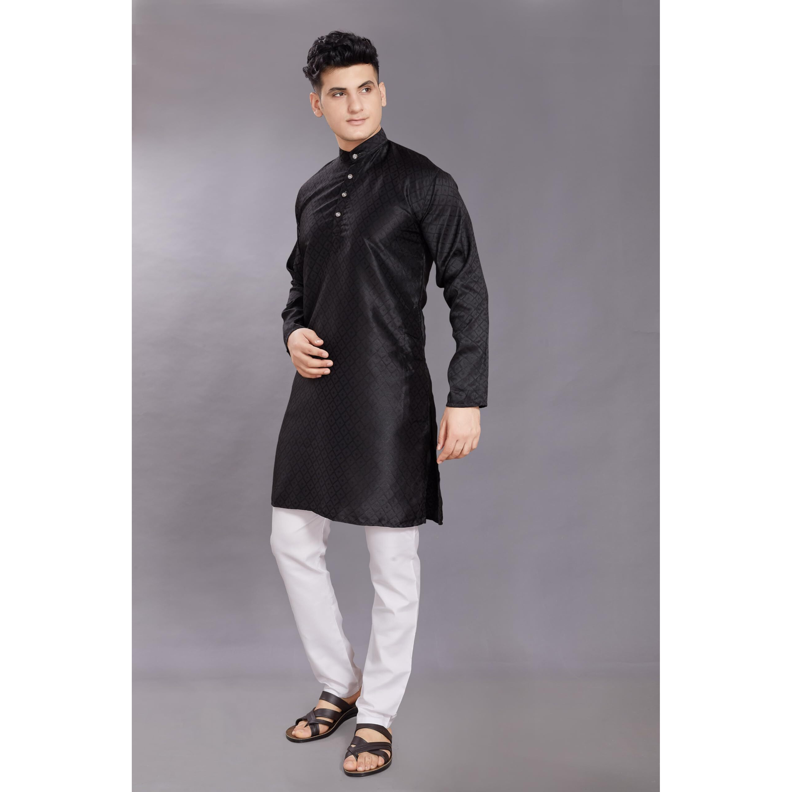 Divisive Men's Self Woven Jequard Art Silk Slim Fit Only Kurta (Dkrt409_M_Black)