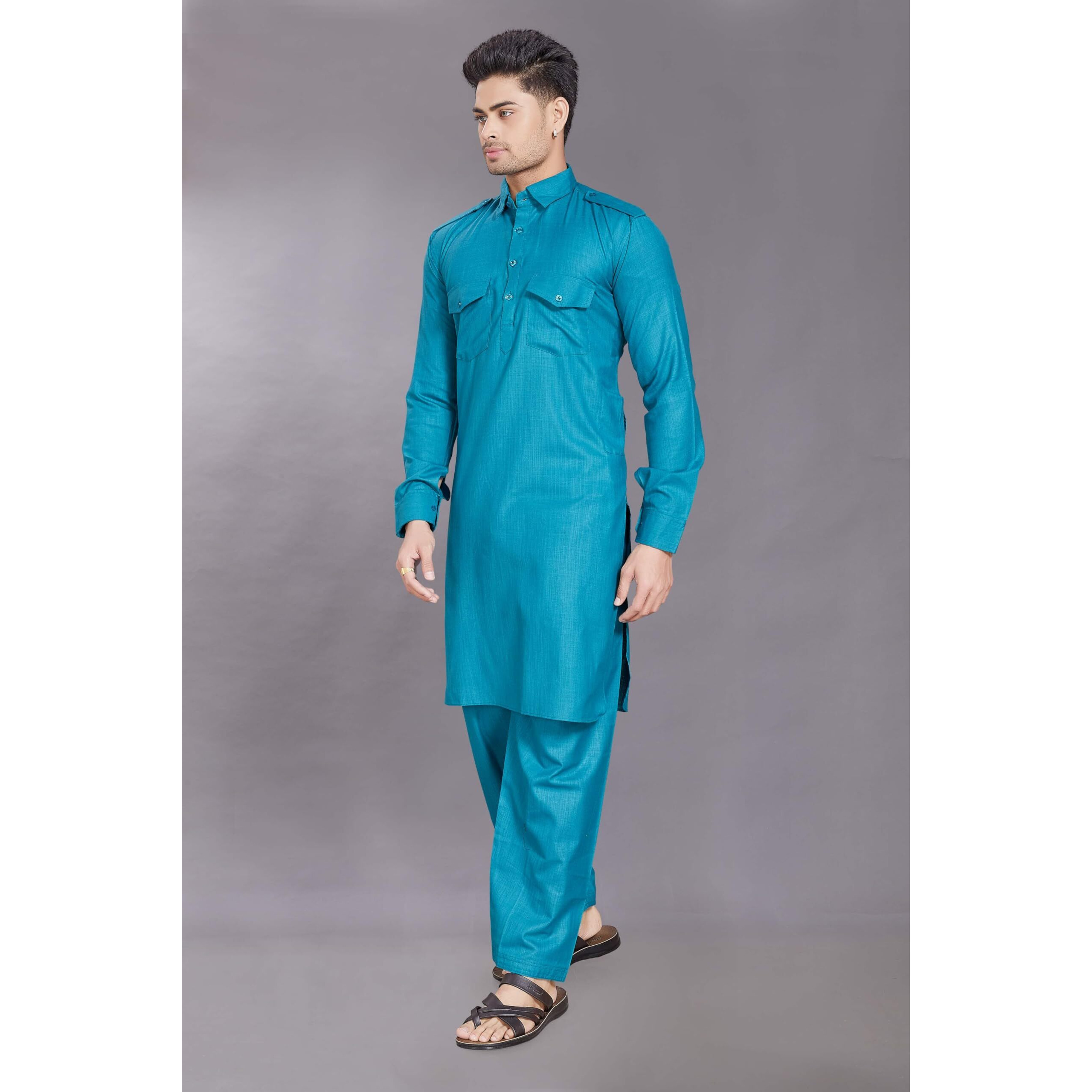 Divisive Men's Cotton Blend Pathani Kurta Pyjama Set (Dkrt457_L_Rama)