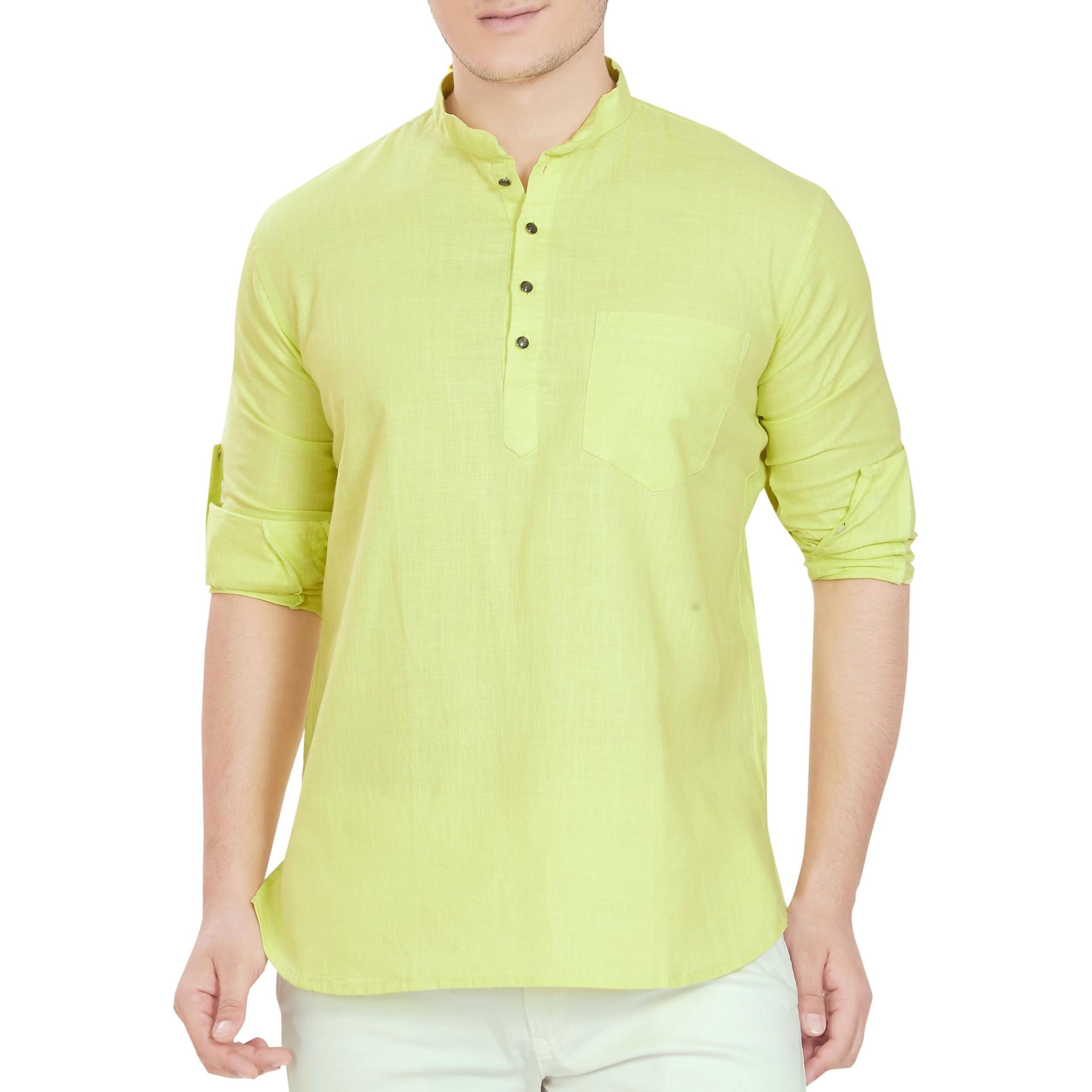 Divisive Men's Pure Cotton Relaxed Fit Short Kurta (Dkrt251_M_Lemon)