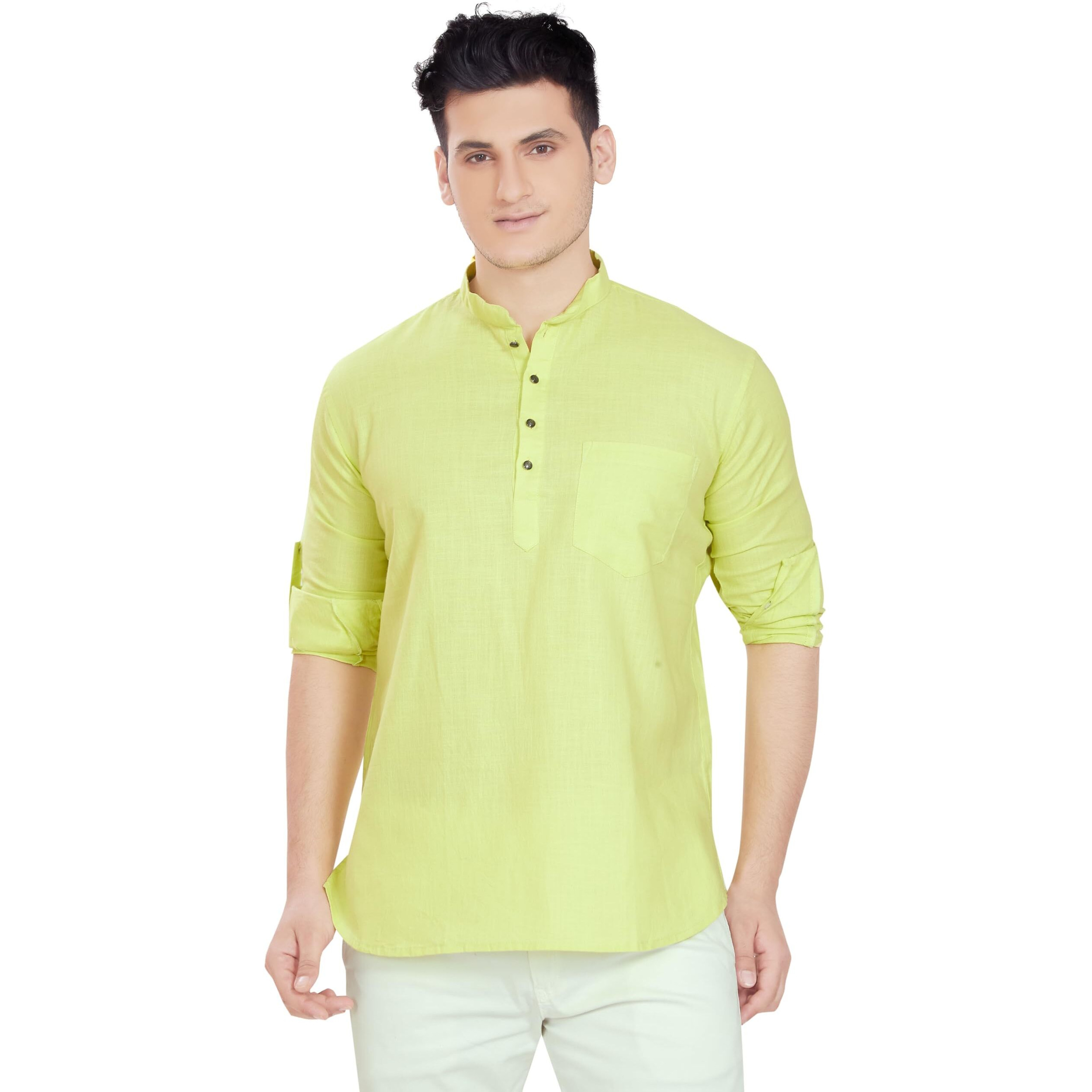 Divisive Men's Pure Cotton Relaxed Fit Short Kurta (Dkrt251_M_Lemon)