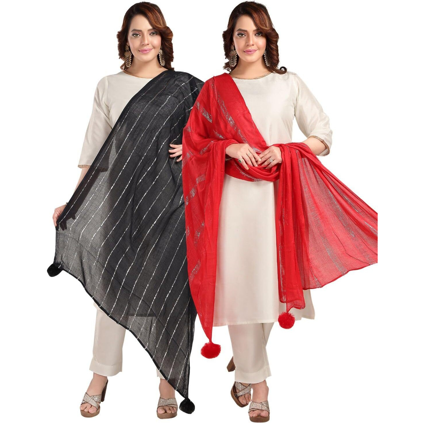 Fabme Shimmer Embellished Soft Cotton Dupatta - Pack Of 2 - Black, Red