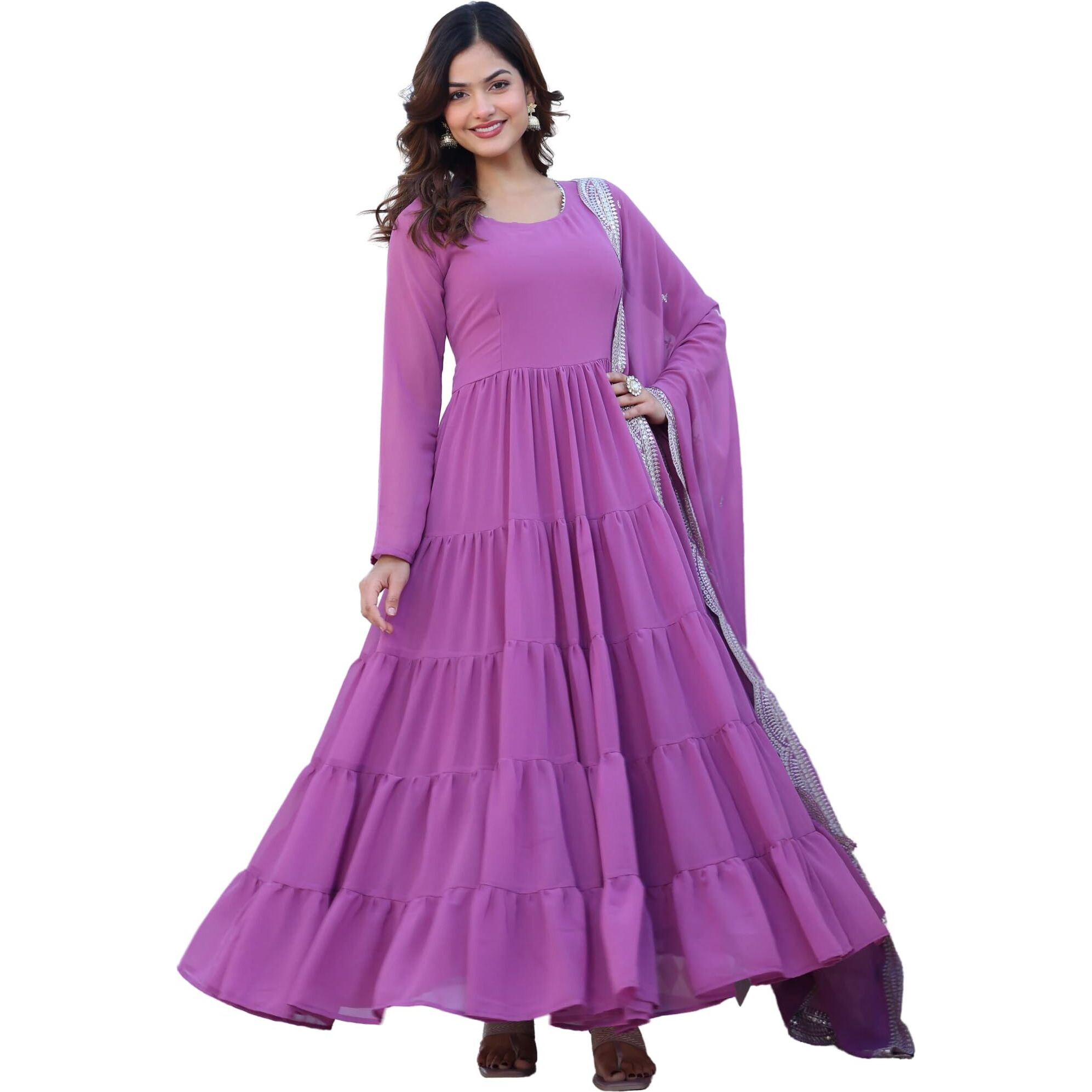 Fashion Basket Women's Georgette Solid Anarkali Dress Light Purple