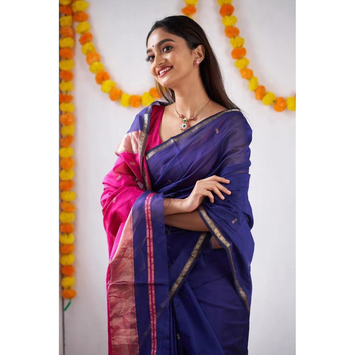 Flosive Women's Cotton Woven Soft Silk Saree With Blouse Piece Multicolor (Blue)