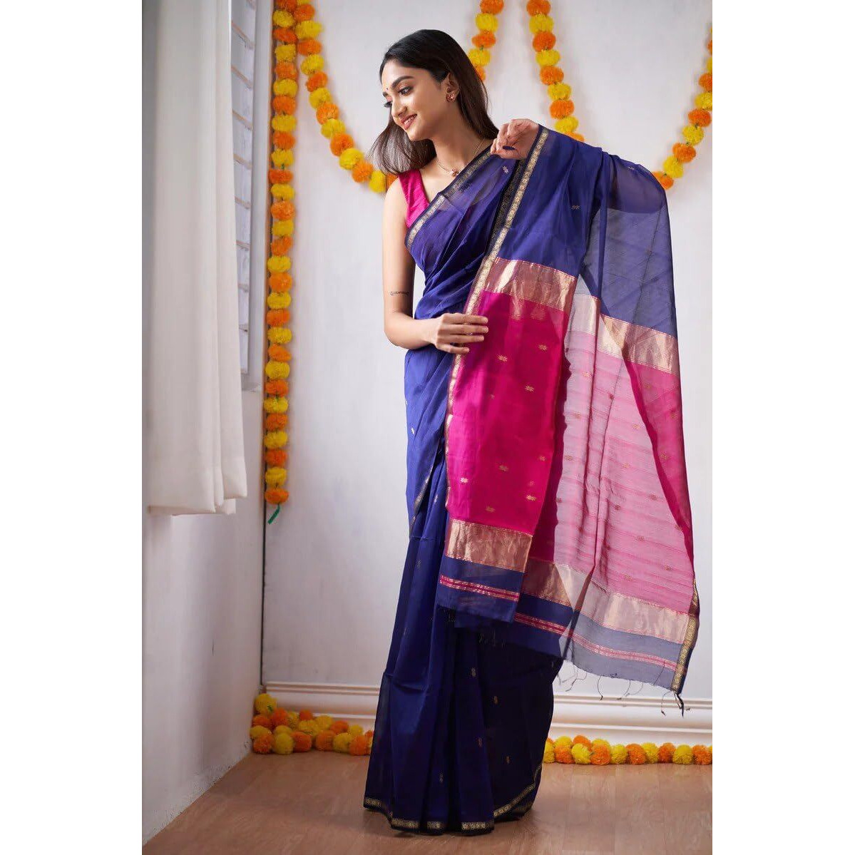 Flosive Women's Cotton Woven Soft Silk Saree With Blouse Piece Multicolor (Blue)