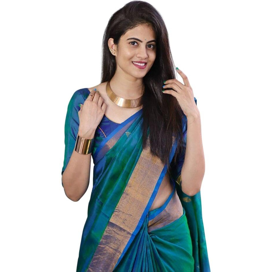 Flosive Ayn Women's Present Banarasi Soft Lichi Silk Saree Beautiful Jacquard Rich Pallu Design Work Zari Woven Kanjivaram Silk Style Saree With Soft Lichi Silk Blouse Piece (Blue With Sky).