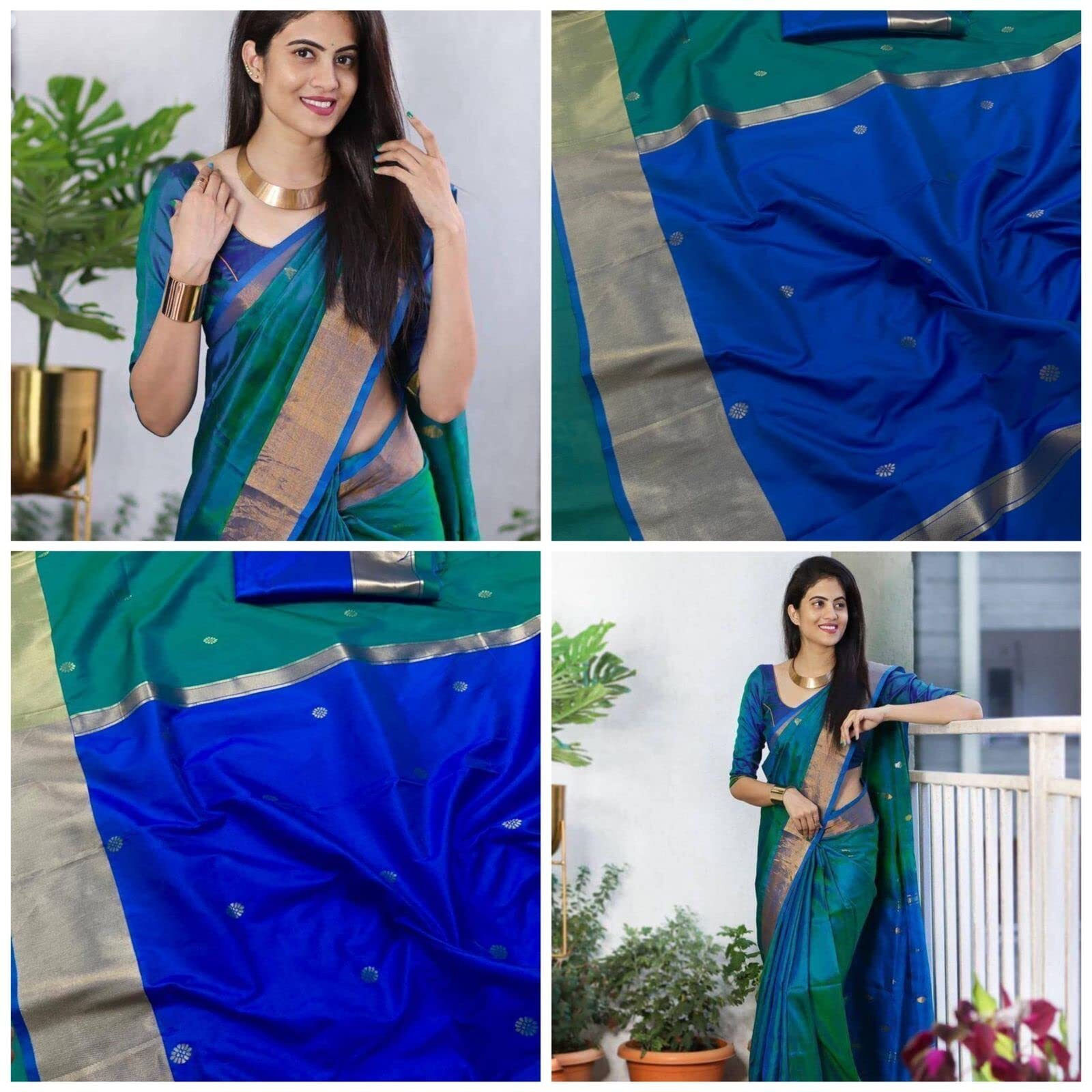 Flosive Ayn Women's Present Banarasi Soft Lichi Silk Saree Beautiful Jacquard Rich Pallu Design Work Zari Woven Kanjivaram Silk Style Saree With Soft Lichi Silk Blouse Piece (Blue With Sky).