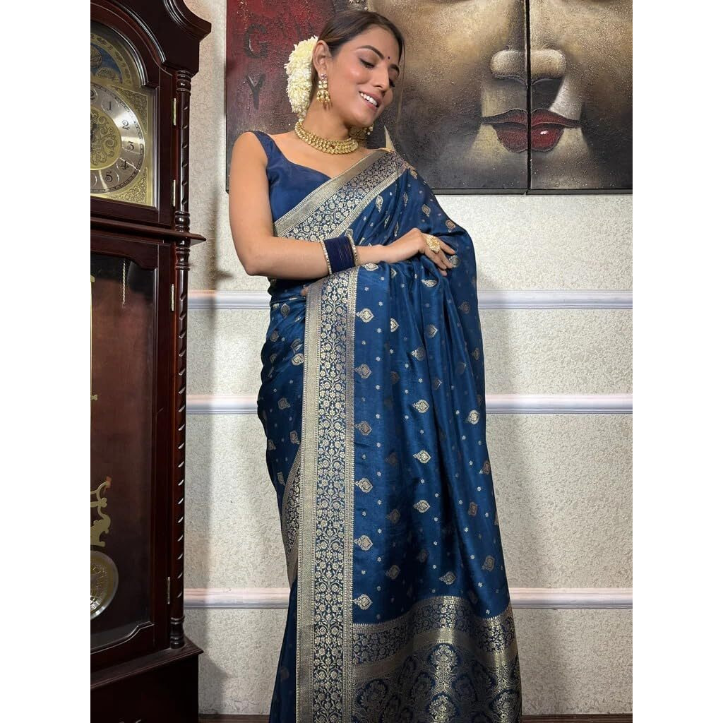 Flosive Women's Kanjivaram Silk Saree With Weaving Work With Blouse (Rama)