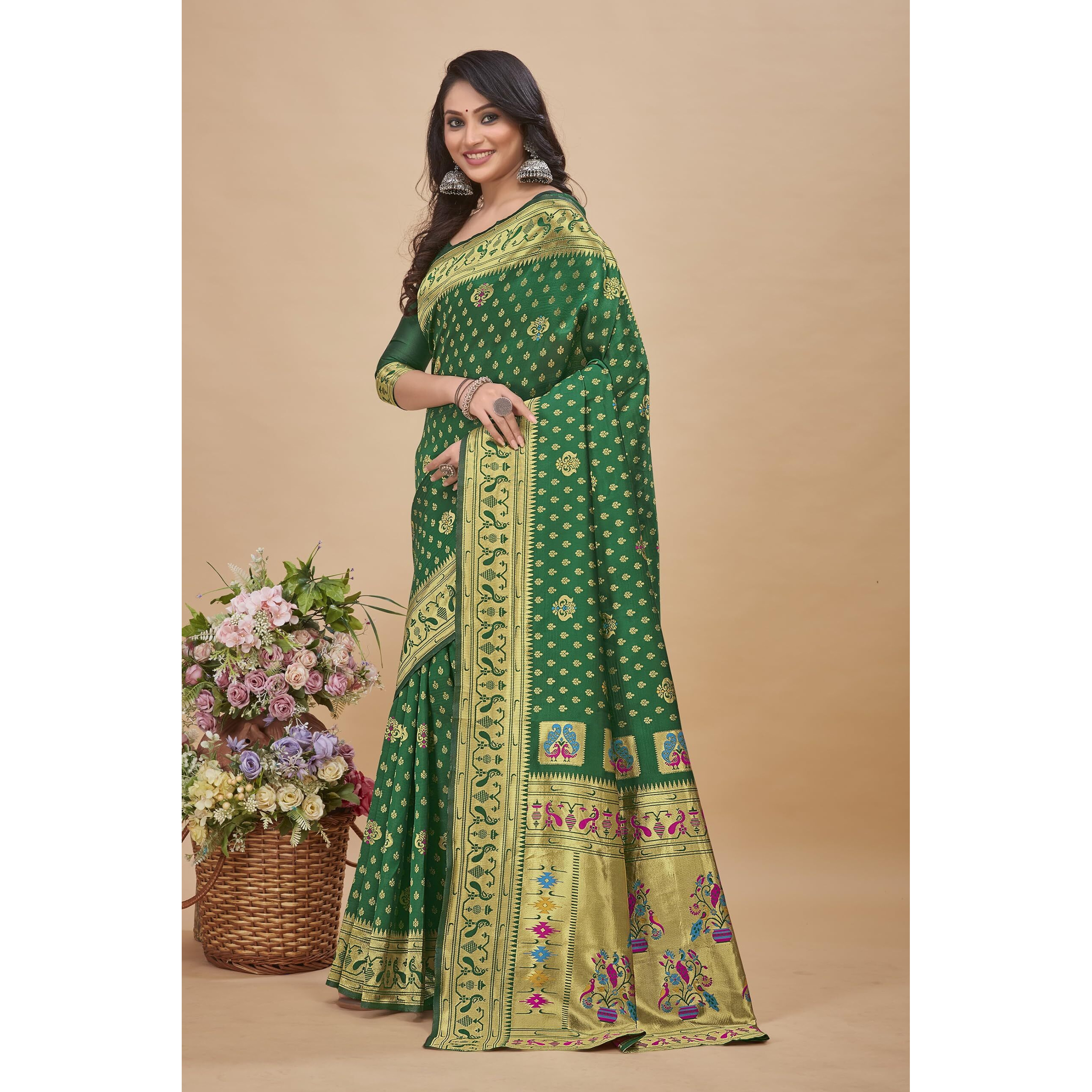 Glory Sarees Womens Banarasi Silk Saree With Blouse Piece (Paithani_Saree102_Green)
