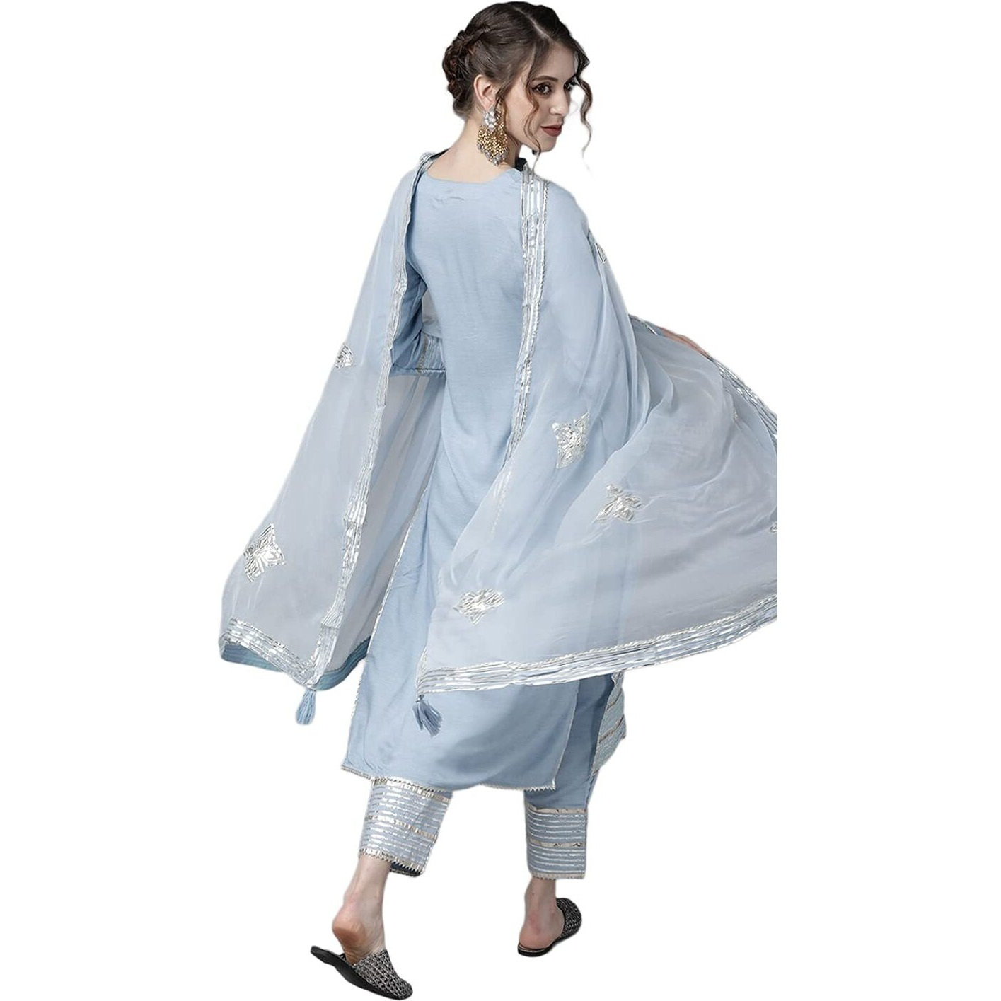Ishin Women's Silk Blue Gota Patti Embroidered A-Line Kurta Set With Trouser And Dupatta