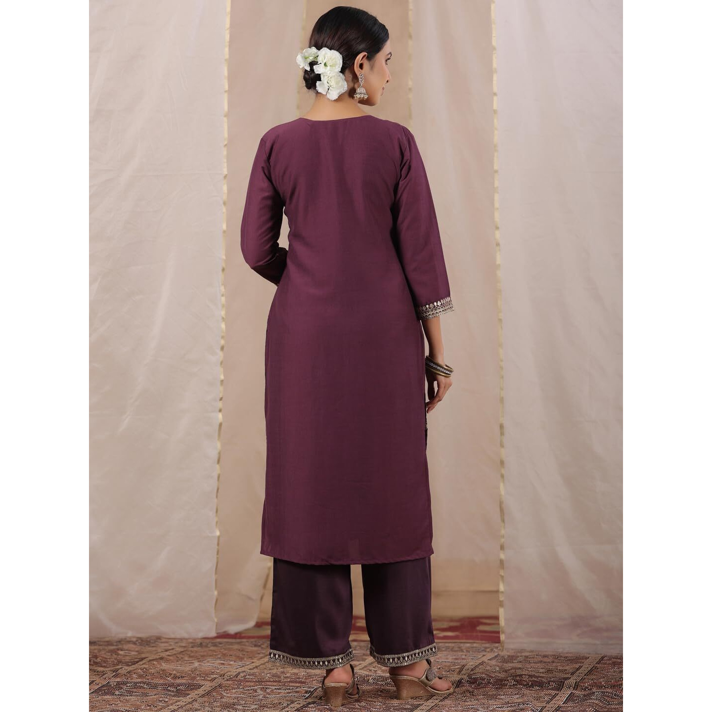 Ishin Women's Purple Zari Work Ethnic Motifs Poly Silk Straight Kurta