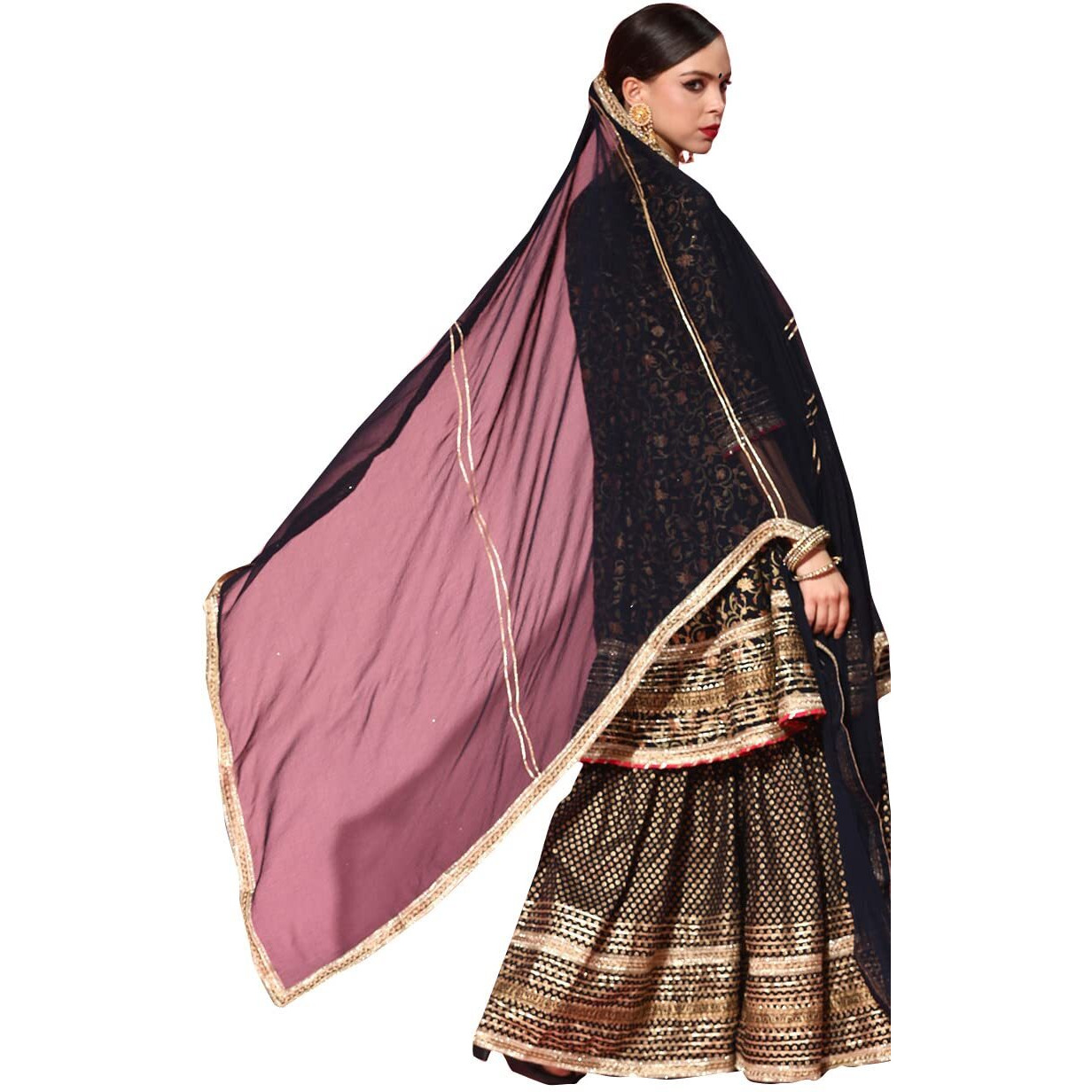 Ishin Women's Cotton Anarkali Embroidered Kurta Suit Set With Dupatta & Sharara Kpldsrd-19063_L_Navy Blue