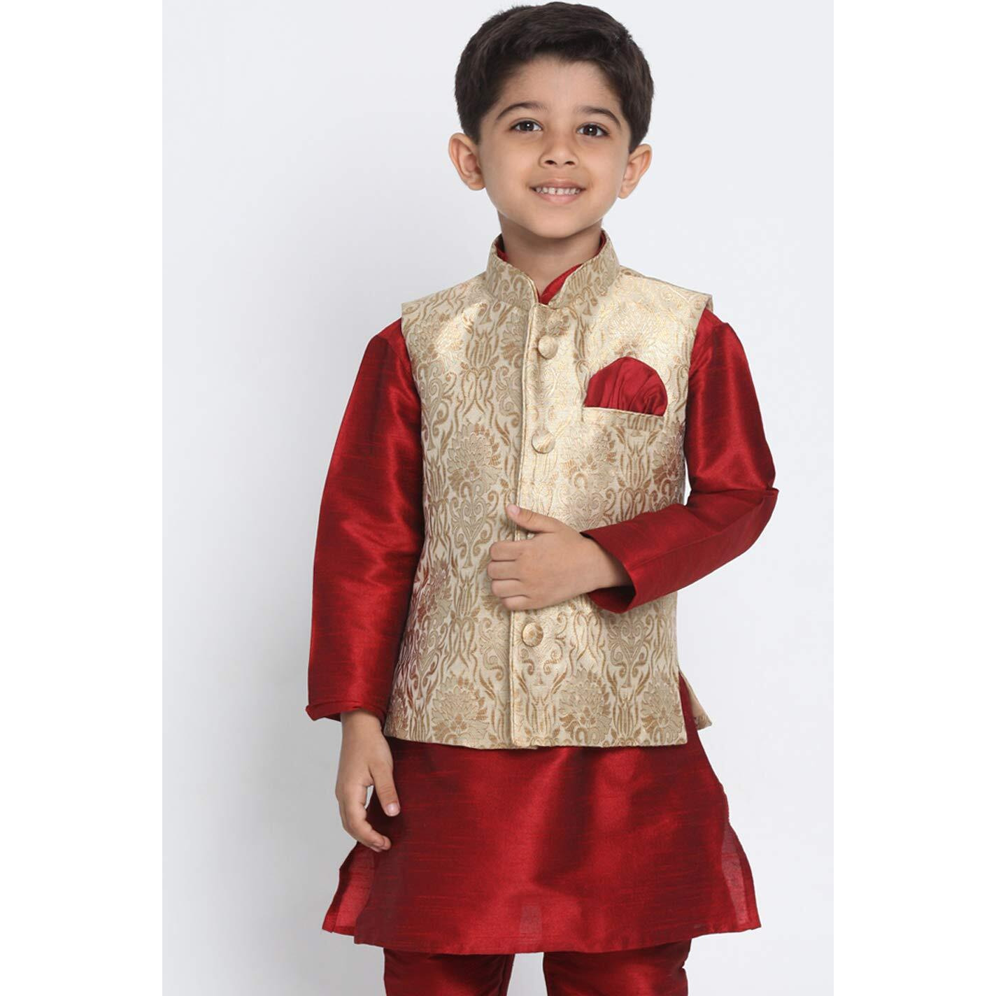 Jbn Creation Boys' Rose Gold Silk Blend Nehru Jacket || Banarasi Brocade Woven Jacquard Modi/Nehru Jacket || Ethnic Wear For Festivals, Weddings_Vasbj024Rg_20