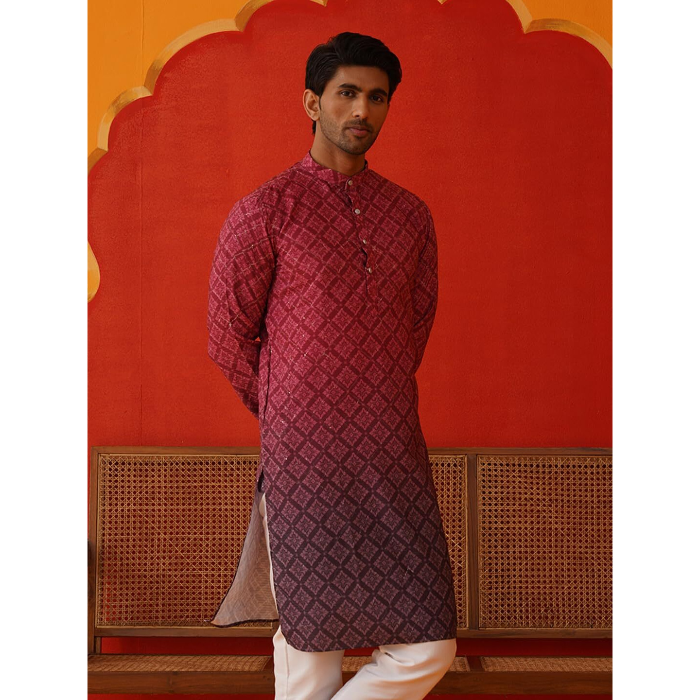 Jompers Maroon Maroon Ombre Printed Kurtas For Men (Maroon, M)