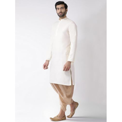 Kisah Men Cream-Coloured Kurta Full Sleaves, Knee Length, Straight, Regular Fit, Mandarin Collar Ethnic Wear