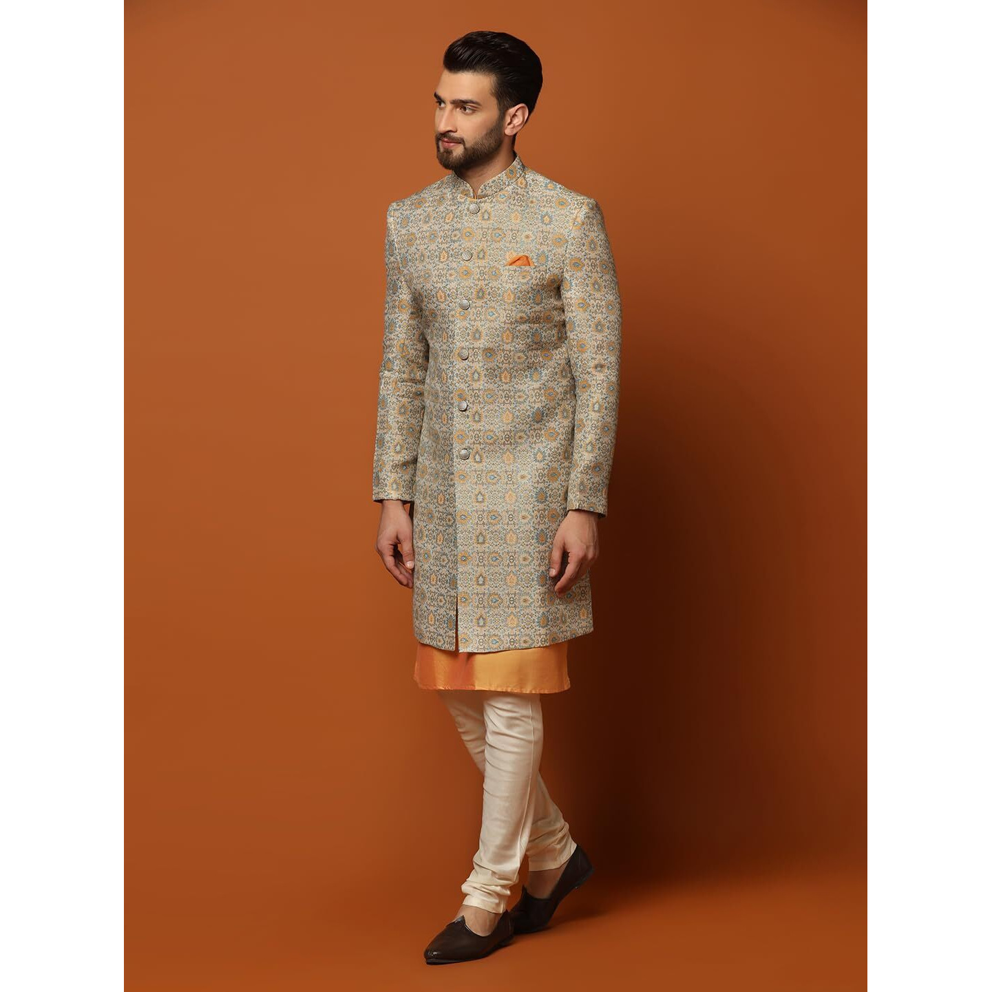 Kisah Men's Silver And Orange Indo-Western Kurta Sherwani Churidar Set Cotton Full Sleaves, Knee Length, Straight, Regular Fit, Mandarin Collar Ethnic Wear