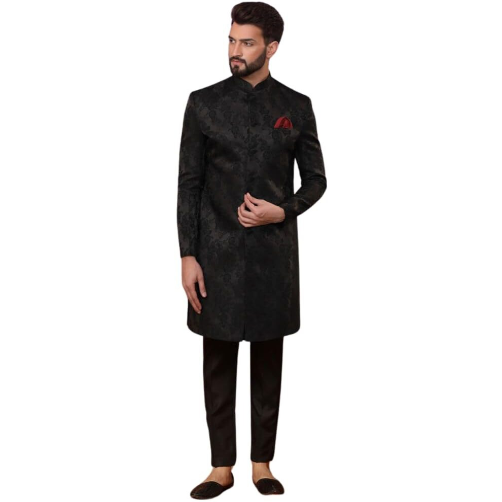 Kisah Men's Indo-Western Sherwani Trouser Set, Black Silk Blend, Jacquard Regular Fit Mandarin Collar Long Sleeves (S)