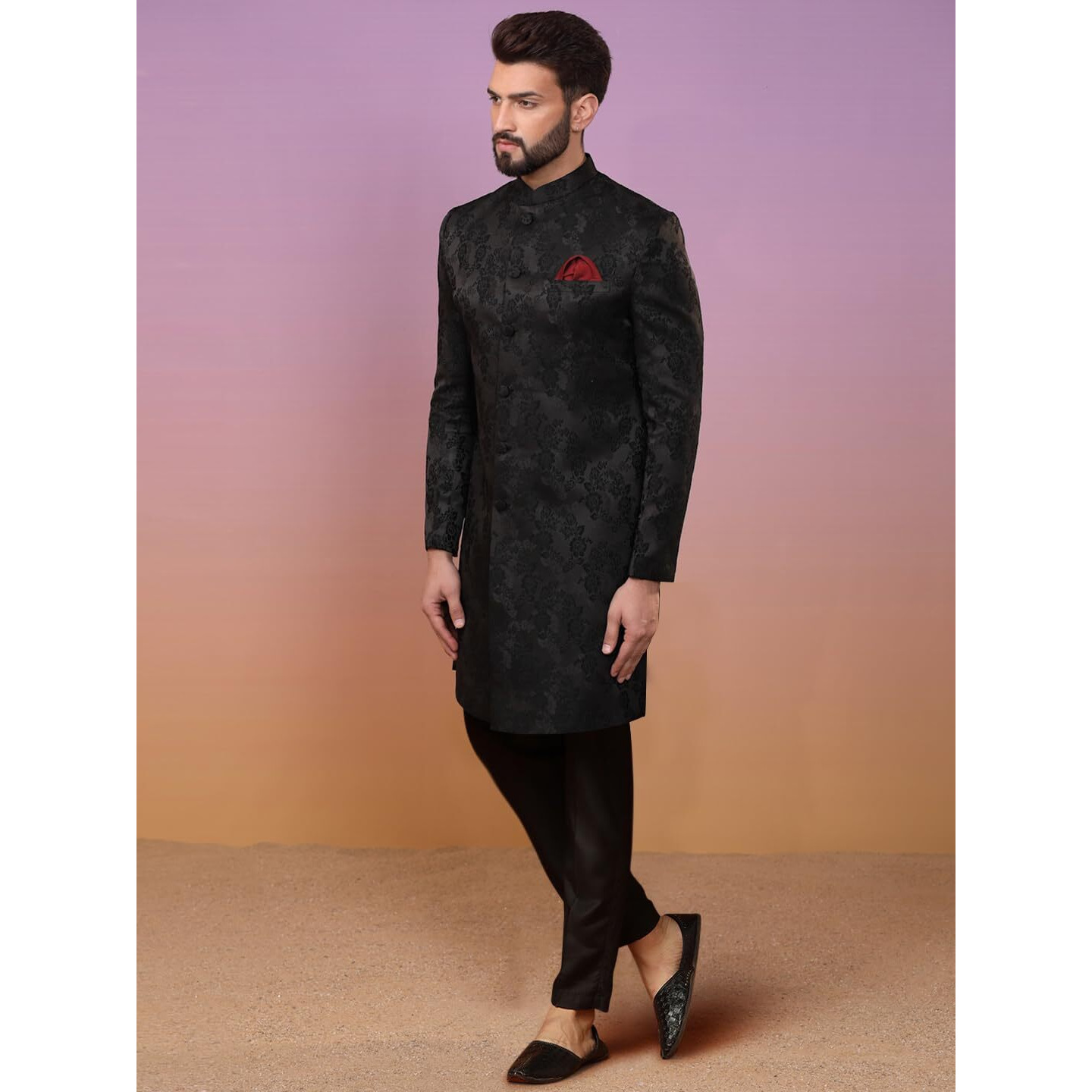 Kisah Men's Indo-Western Sherwani Trouser Set, Black Silk Blend, Jacquard Regular Fit Mandarin Collar Long Sleeves (S)