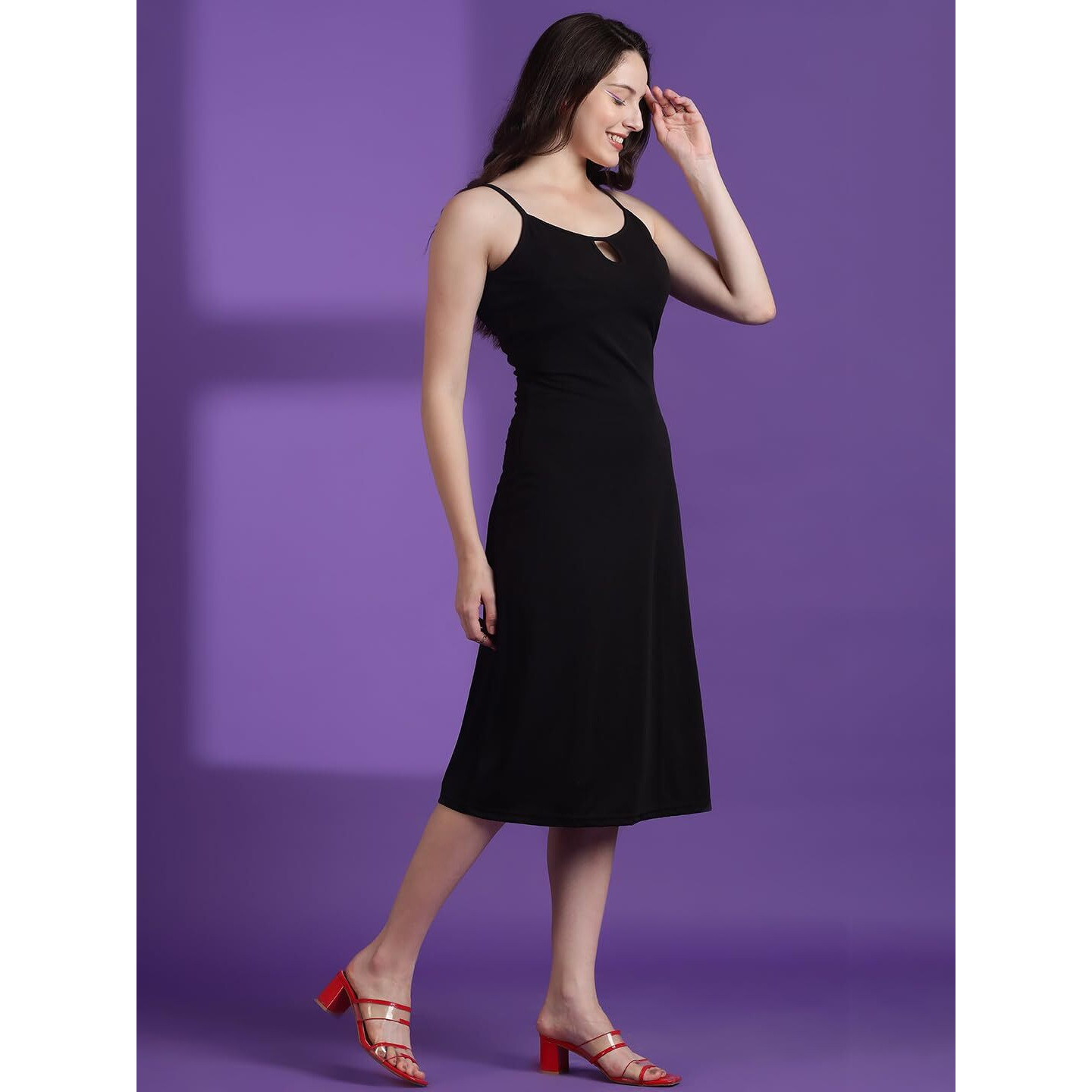 Kotty Women's Shoulder Straps A-Line Midi Dress(Black,Xl)