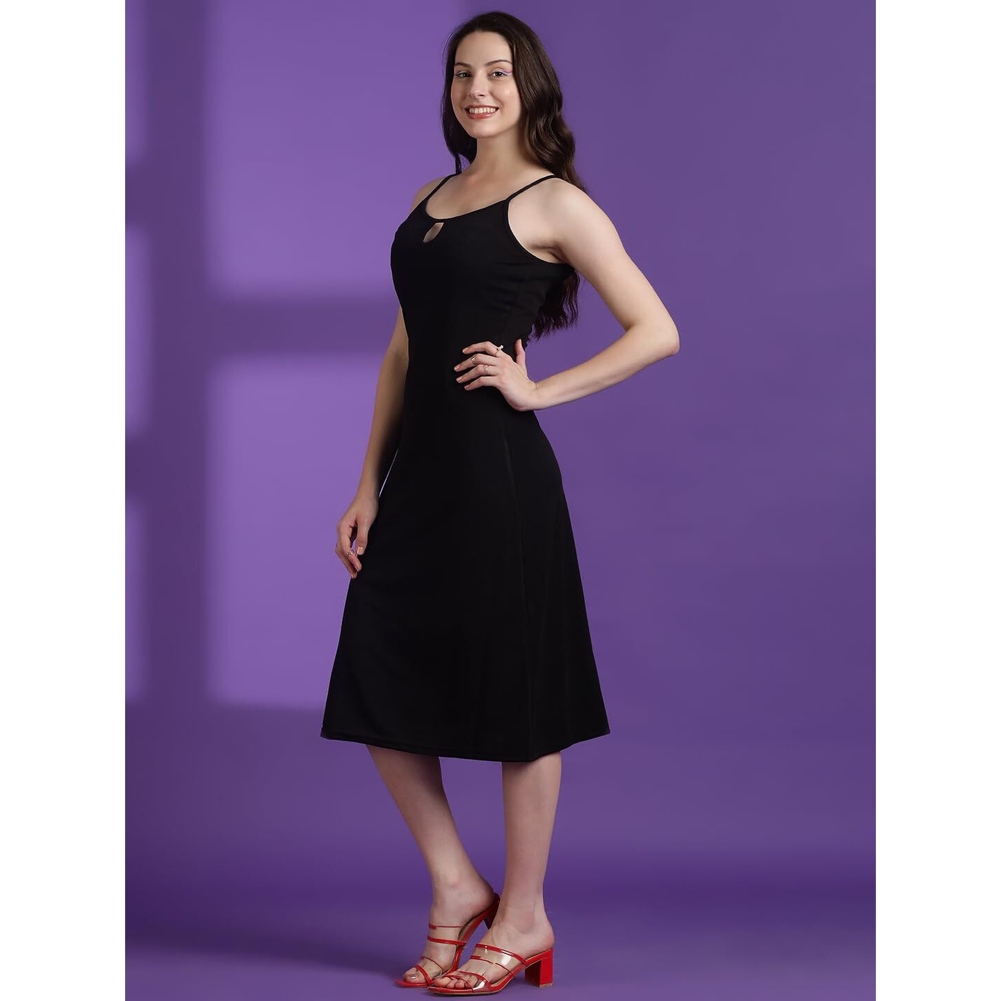 Kotty Women's Shoulder Straps A-Line Midi Dress(Black,Xl)