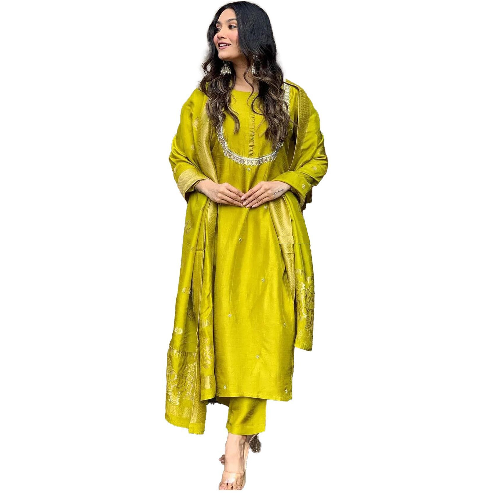 Lookmark Women's Silk Blend Kurta Pant With Jacquard Dupatta Set And Khatali Work Suitable For Every Indian Occasion (Az-Lm-Og-Ks2177 Yellow-Xl)