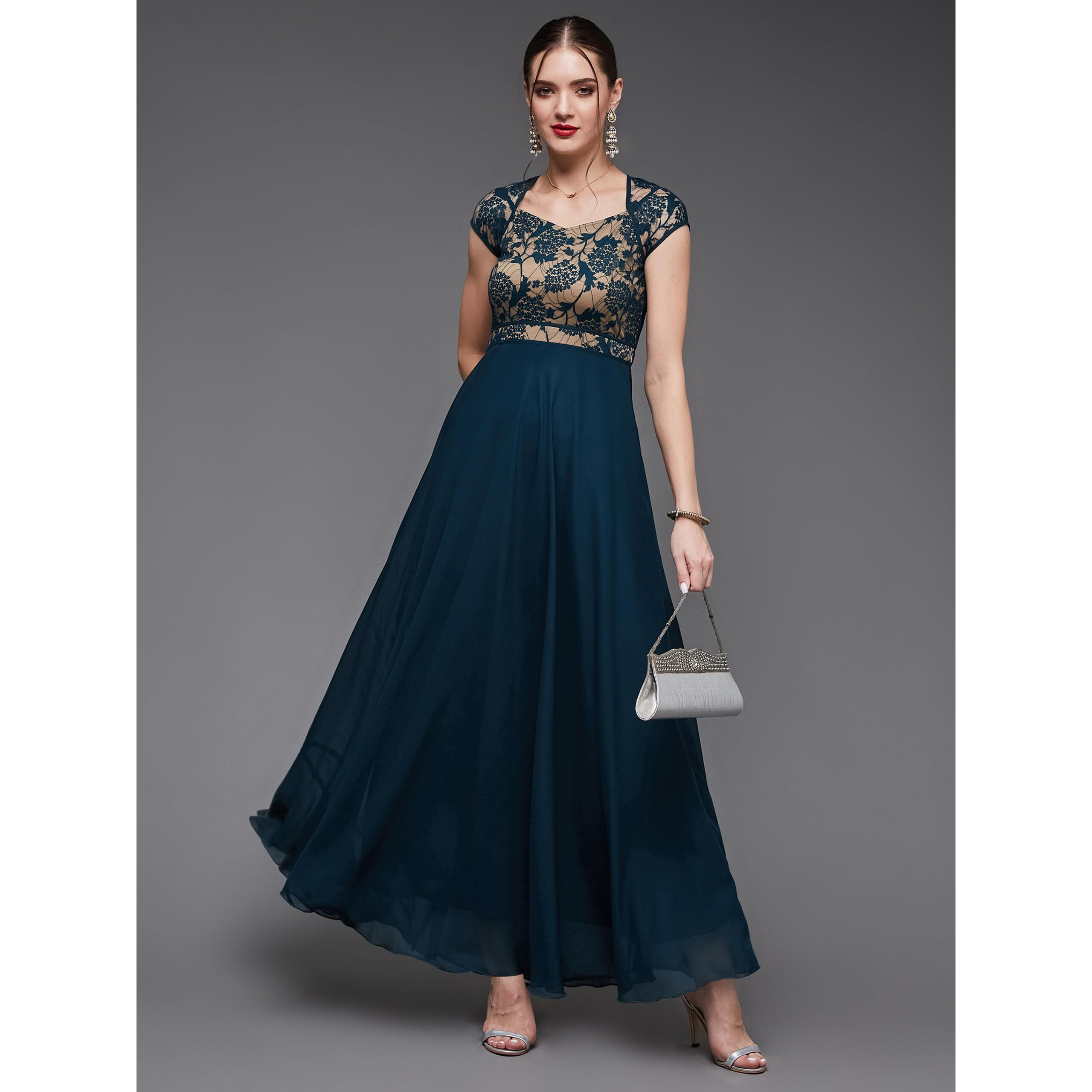 Miss Chase Women's Floral V - Neck Cap Short Sleeves Lace Overlaid Fit & Flare Paneled Maxi Dress (Mcss21D06-11-83-03, Teal, S)