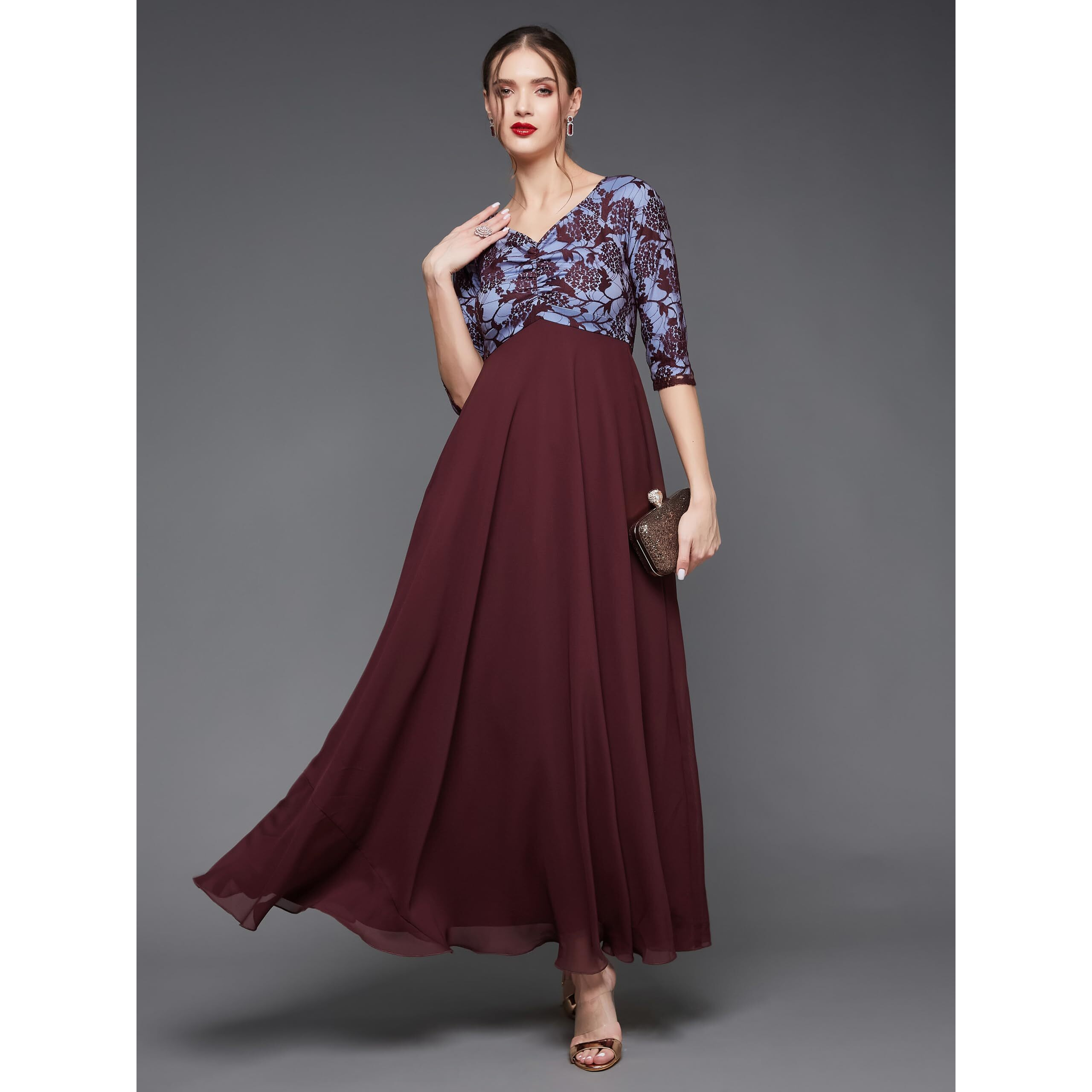 Miss Chase Women's Sweet Heart Neck 3/4 Sleeve Self Design Fit & Flare Maxi Dress With Pockets (Mcss23D79-06-184-04, Wine, M)