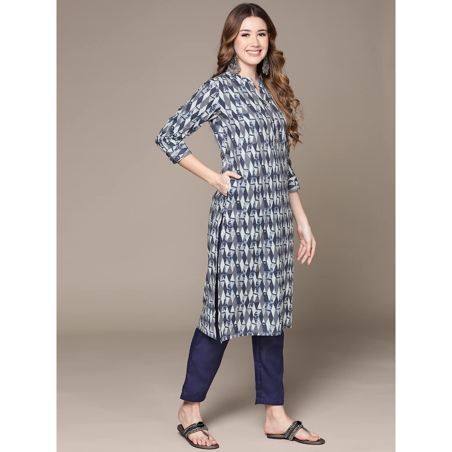 Anubhutee Women's Cotton Blue Geometric Woven Design Straight Kurta Suit Set With Pants