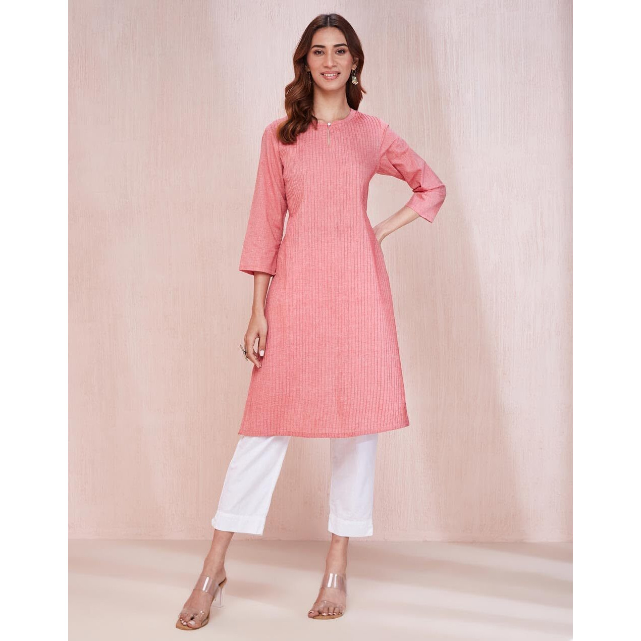 Fabindia Women's Cotton Solid Slim Kurta (1037273Pink_Pink