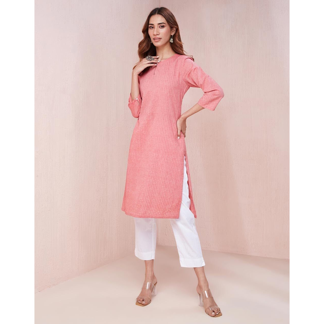 Fabindia Women's Cotton Solid Slim Kurta (1037273Pink_Pink