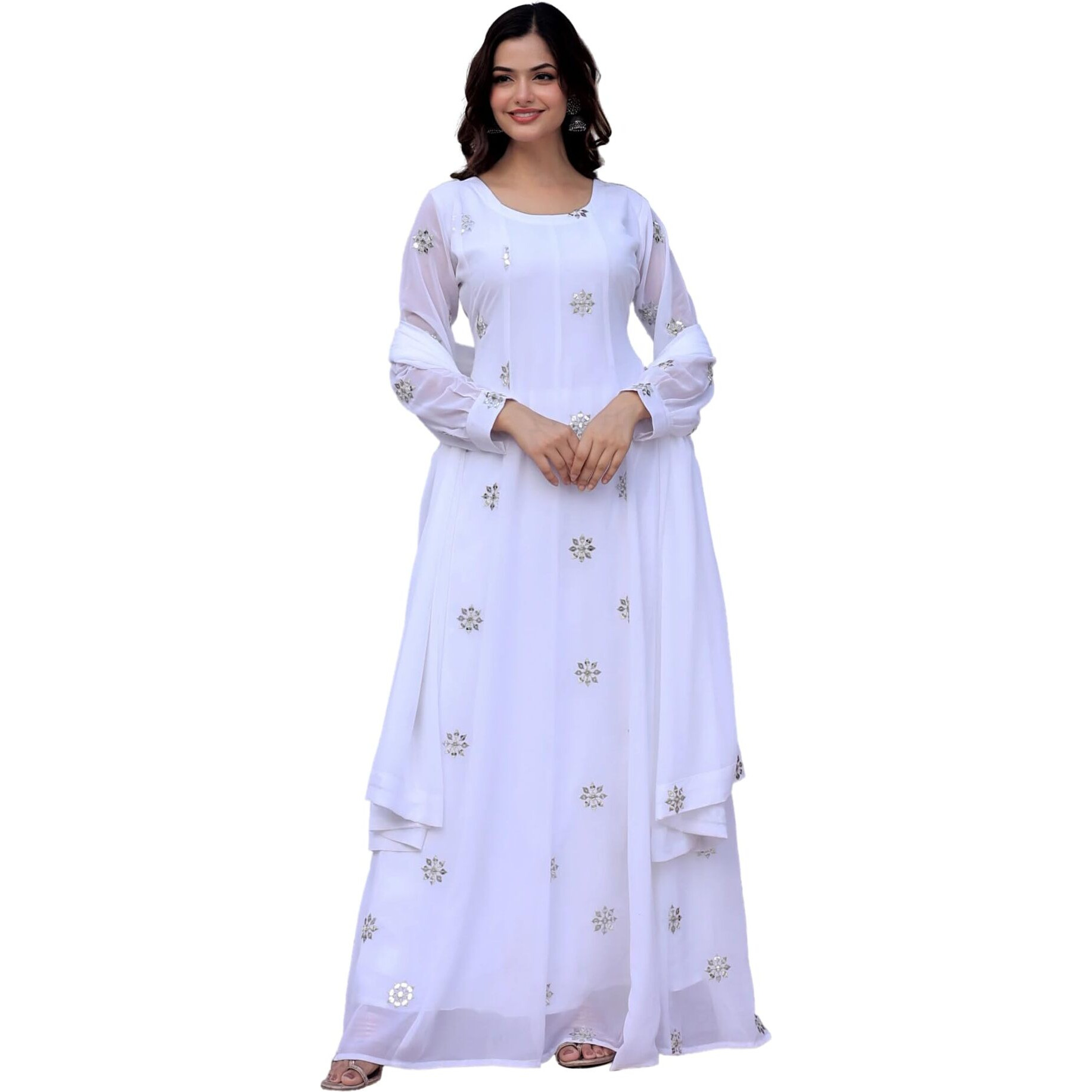 Fashion Basket Georgette Embroidered Gown For Women White