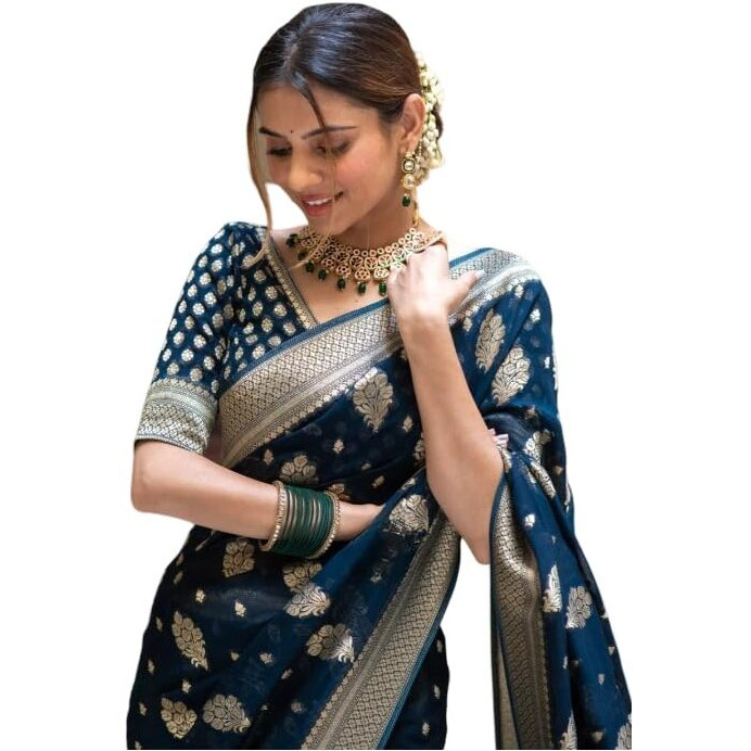 Flosive Women's Kanjivaram Silk Saree With Zari Weaving Work With Blouse Piece (Rama)
