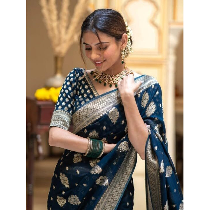 Flosive Women's Kanjivaram Silk Saree With Zari Weaving Work With Blouse Piece (Rama)