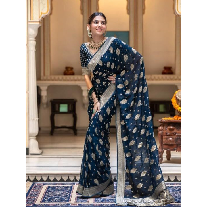 Flosive Women's Kanjivaram Silk Saree With Zari Weaving Work With Blouse Piece (Rama)