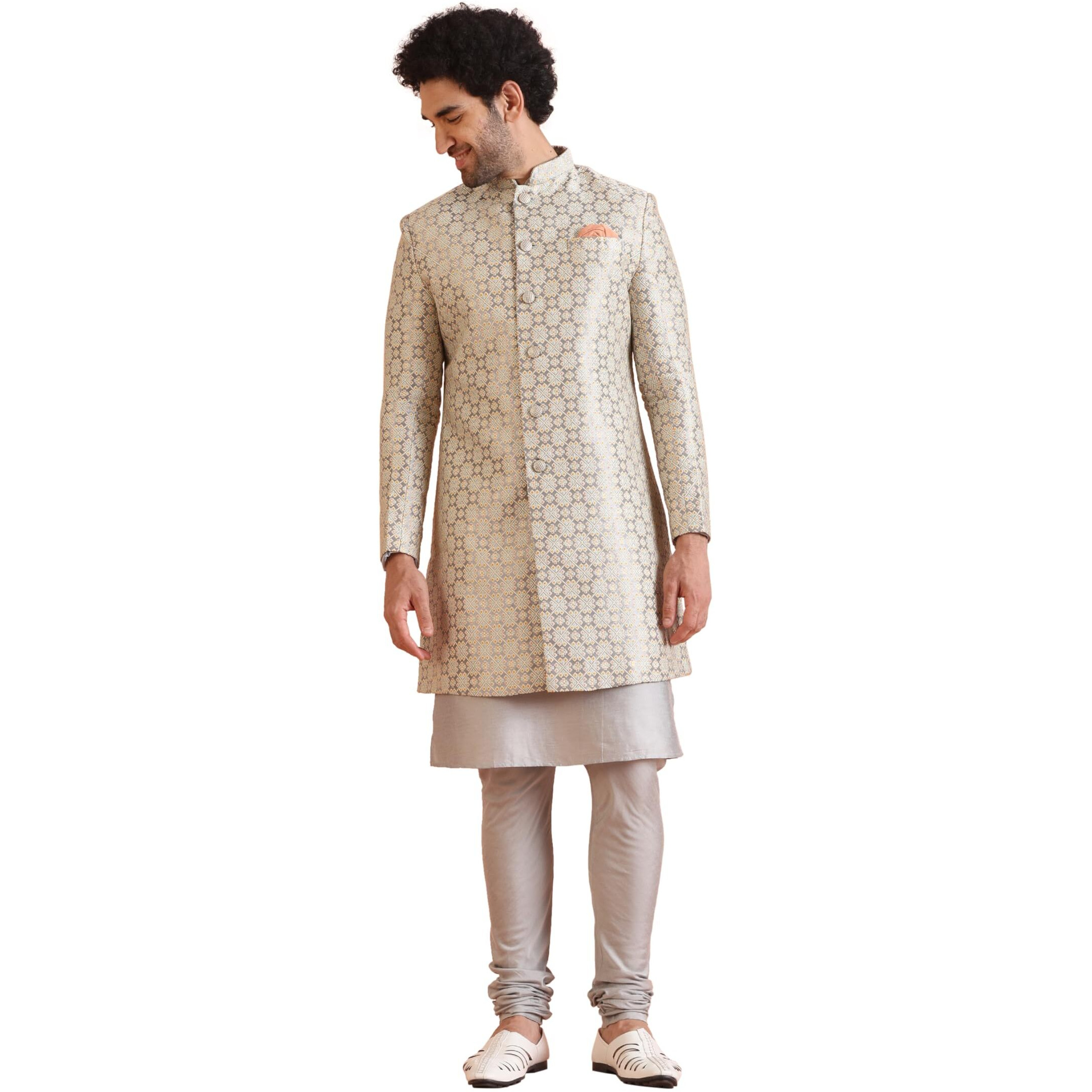Kisah Men's Kurta Sherwani Churidar Set, Grey Silk Blend, Jacquard Regular Fit Mandarin Collar Long Sleeves, 42