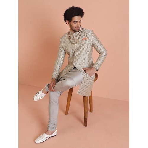 Kisah Men's Kurta Sherwani Churidar Set, Grey Silk Blend, Jacquard Regular Fit Mandarin Collar Long Sleeves, 42