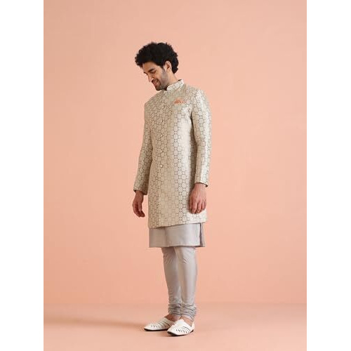 Kisah Men's Kurta Sherwani Churidar Set, Grey Silk Blend, Jacquard Regular Fit Mandarin Collar Long Sleeves, 42