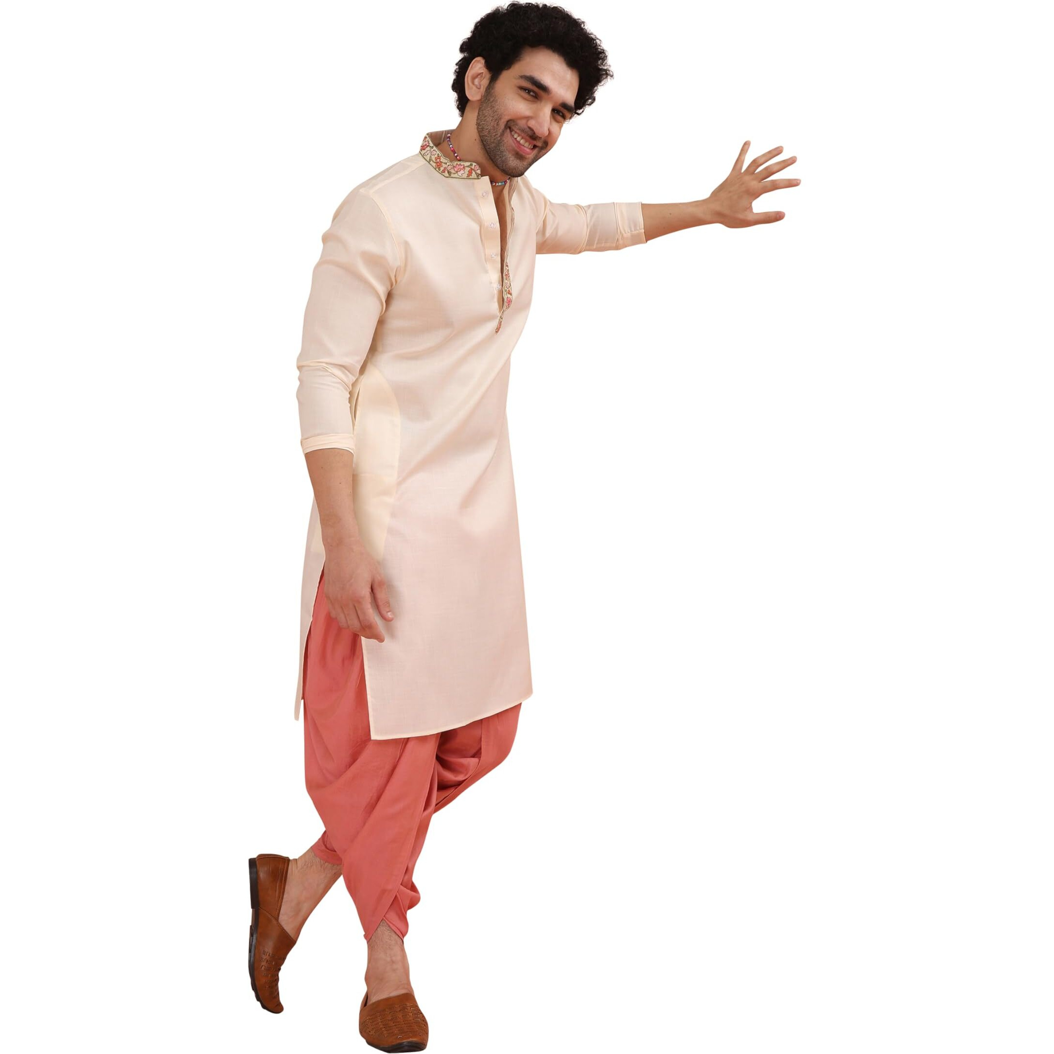 Kisah Men's Kurta Dhoti Set, White Cotton Blend, Embroidered Regular Fit Mandarin Collar Full Sleeves (42)