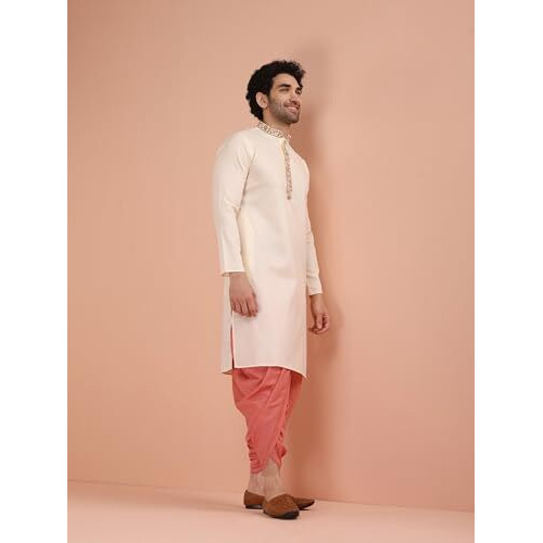 Kisah Men's Kurta Dhoti Set, White Cotton Blend, Embroidered Regular Fit Mandarin Collar Full Sleeves (42)