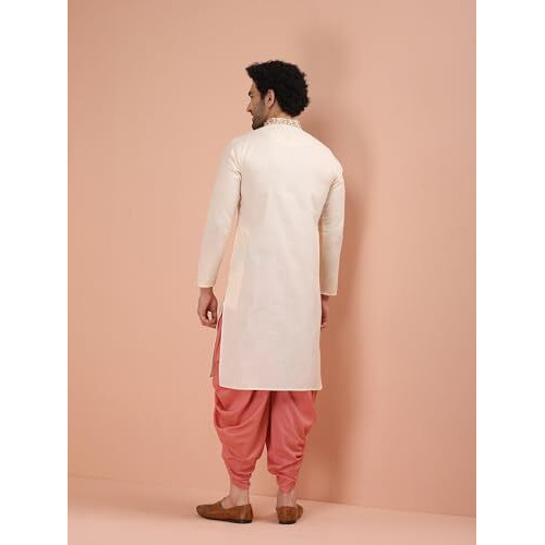 Kisah Men's Kurta Dhoti Set, White Cotton Blend, Embroidered Regular Fit Mandarin Collar Full Sleeves (42)