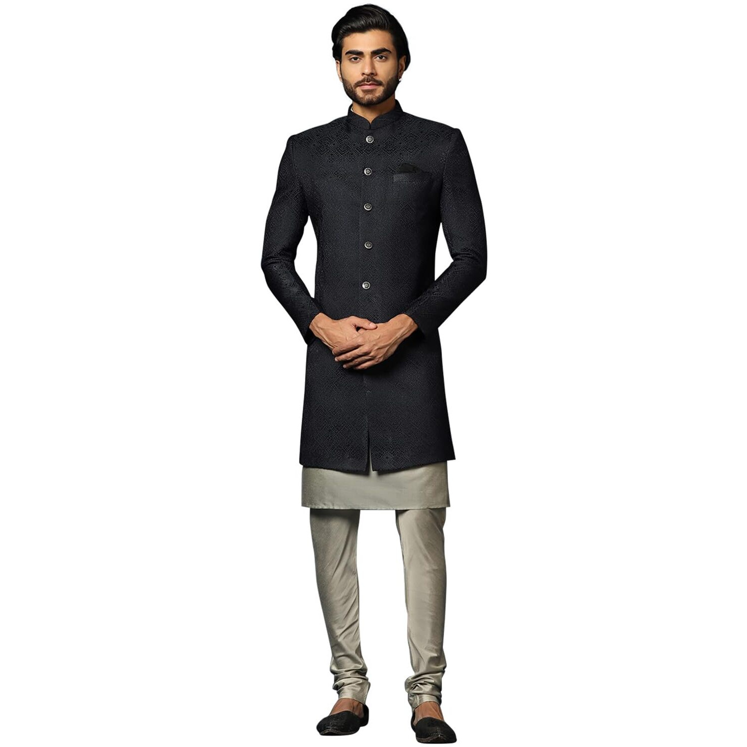 Kisah Men's Navy Blue And Grey Indo-Western Kurta Sherwani Churidar Set Cotton Full Sleaves, Knee Length, Straight, Regular Fit, Mandarin Collar Ethnic Wear