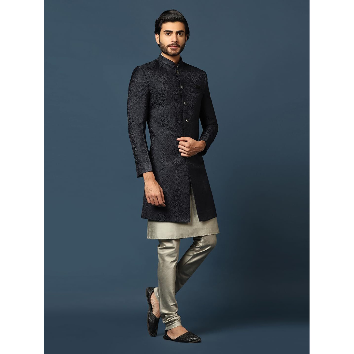 Kisah Men's Navy Blue And Grey Indo-Western Kurta Sherwani Churidar Set Cotton Full Sleaves, Knee Length, Straight, Regular Fit, Mandarin Collar Ethnic Wear