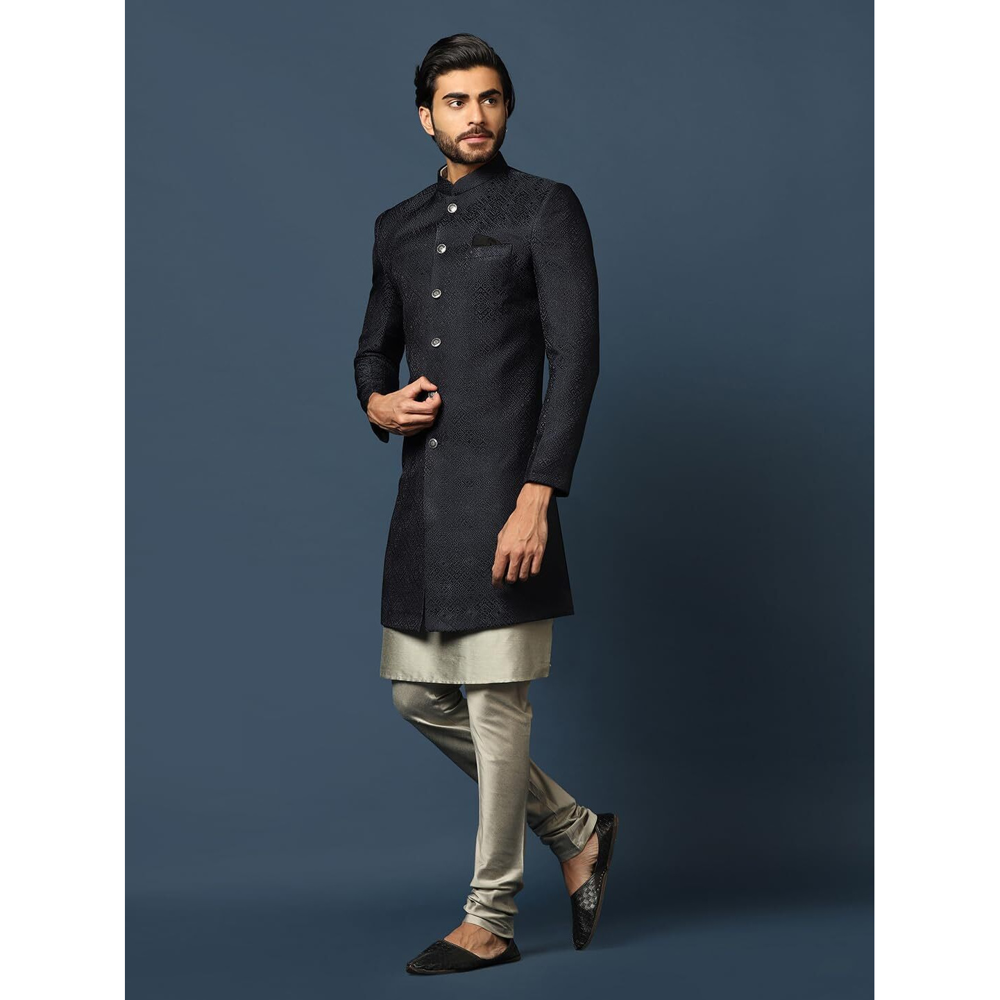 Kisah Men's Navy Blue And Grey Indo-Western Kurta Sherwani Churidar Set Cotton Full Sleaves, Knee Length, Straight, Regular Fit, Mandarin Collar Ethnic Wear