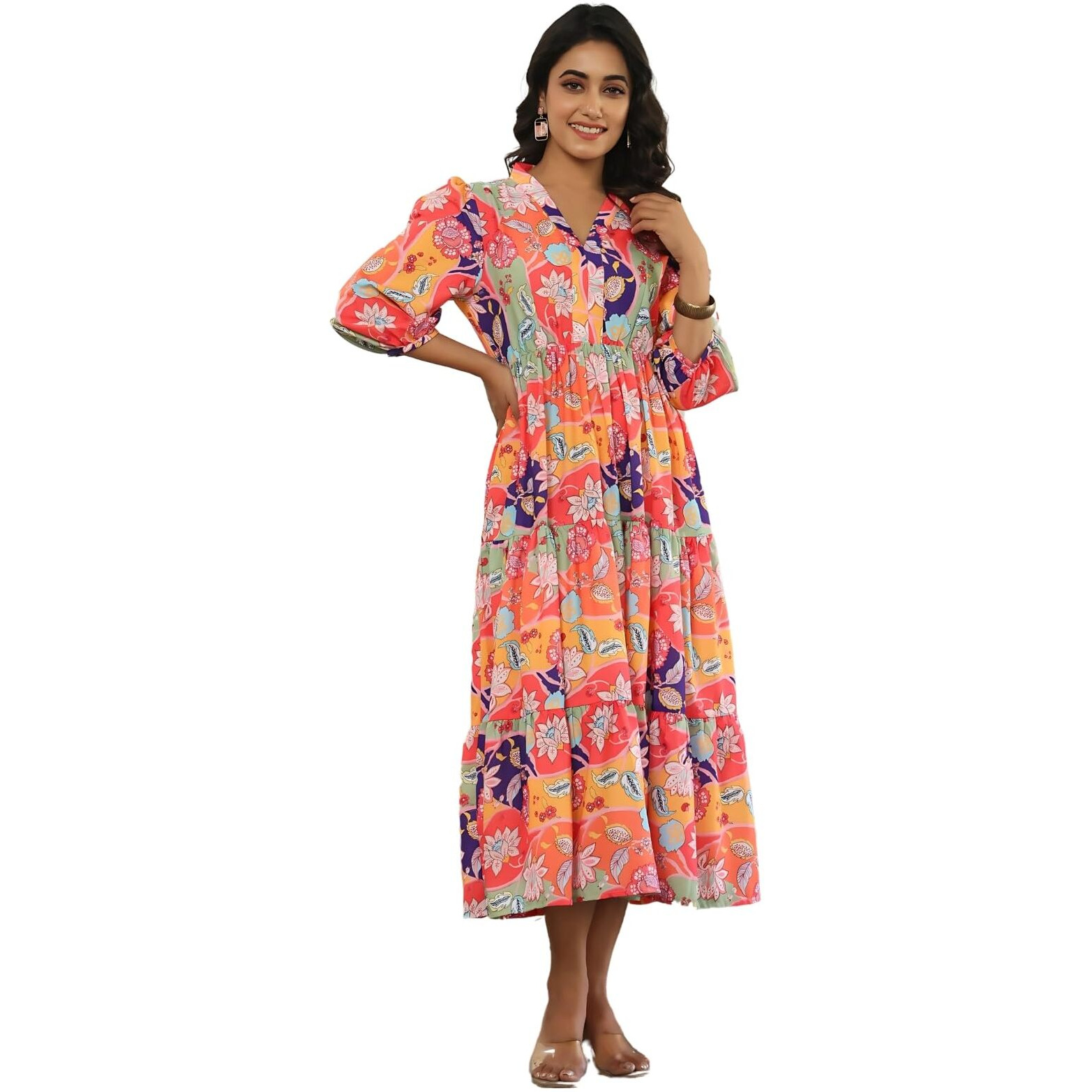 Leriya Fashion Women's Rayon Casual Below The Knee Western Dress (Lf-W.Dress-Wd1317_Orange