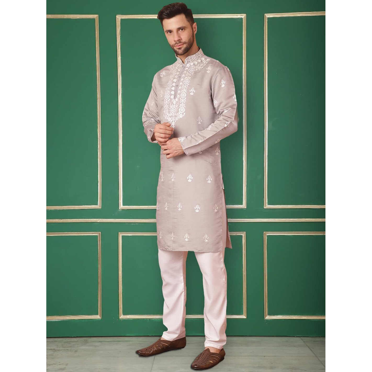 Jompers Men's Grey Chikankari Embroidered Kurta With Pyjama. (Grey, Xxl)